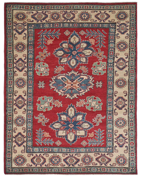 5x7 Red Kuba Afghan Hand Knotted Wool Area Rug